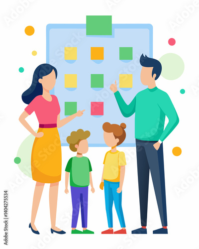 A family standing in front of a large whiteboard with colorful postit notes representing different expense categories brainstorming ways to reduce their expenditures and save more. Vector illustration