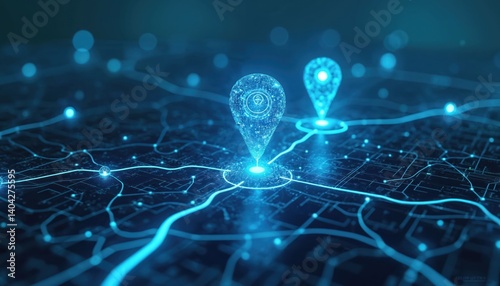 Digital map two AI location icons representing AI tech in GPS. Navigational concept, precise address, journey destination. AI application, AI technology, digital transformation, innovation in tech.
