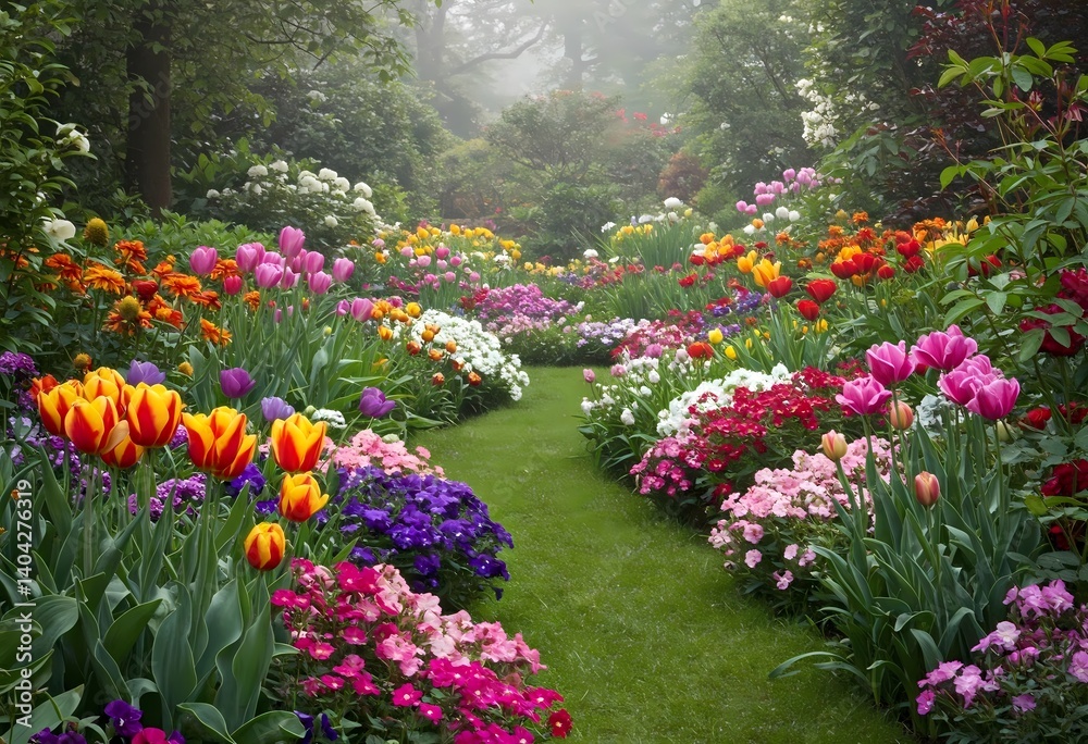 Fototapeta premium Vibrant Flower Garden with Rows of Colorful Blooms and Green Foliage