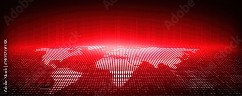 A digital representation of a world map in red tones, comprised of illuminated dots against a dark background, suggesting a tech or futuristic theme.