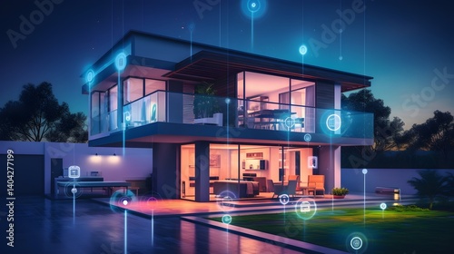 Smart Home at Night: Modern House with IoT