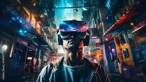Young Man Experiencing Virtual Reality in Cityscape
