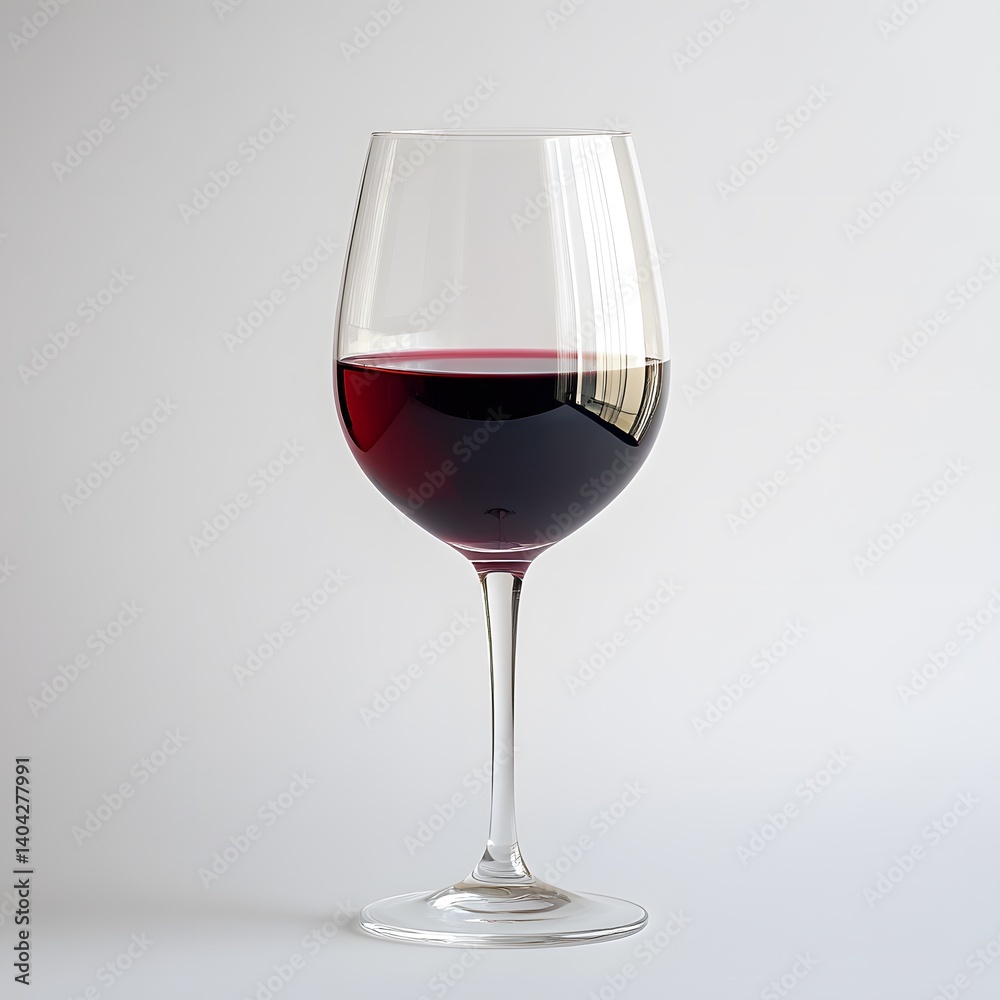 A glass of French red wine with a deep ruby color, served elegantly against a plain white background. A glass of French red wine with a deep ruby color, served elegantly against a plain white background.
