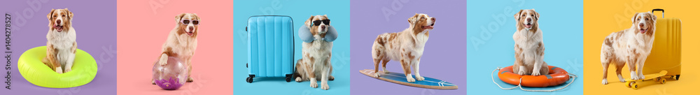 Set of dogs and travel accessories on color background. Summer vacation concept