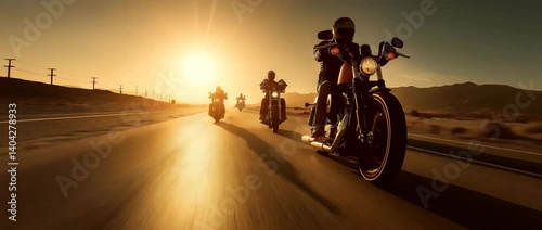 A bunch of motorcycle riders on cruiser-choppers on the road.