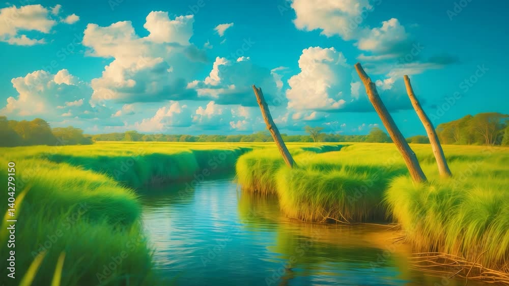 A scenic outlook over the river snags with lush green grass. Large clouds are present in the blue sky.