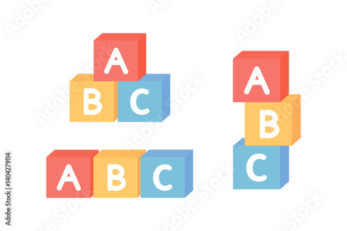 Colorful alphabet blocks child toy set. Education, leisure, childhood, preschool learning concepts. Flat decorative vector design isolated illustration.