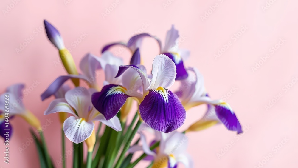 a bouquet of purple and white iris flowers on a light pink background a bouquet of purple and white iris flowers on a light pink background