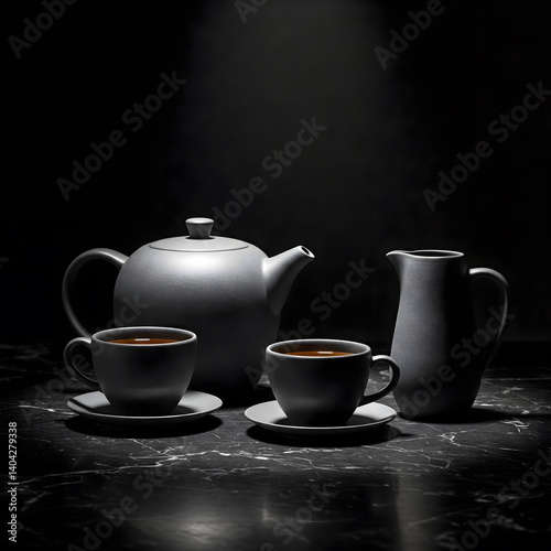 Wallpaper Mural Gray teapot, two cups with saucers, and creamer on dark marble Torontodigital.ca