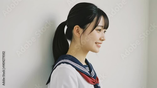 横顔になり、Eライン（イーライン）をアピールする、壁際に立つ、セーラー服姿の女子高生 photo