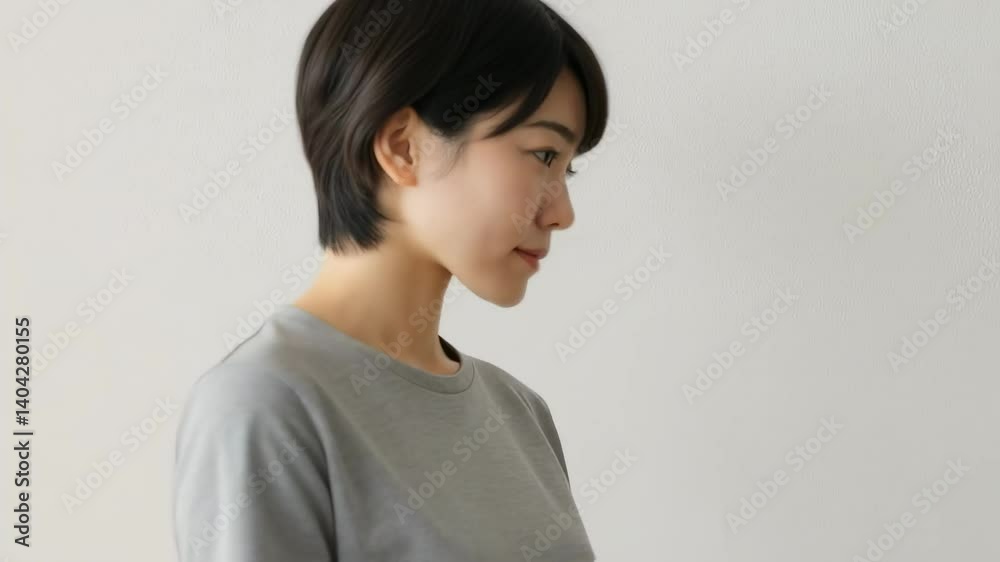 グレーのシャツを着た女性が横向きになり、イーラインをアピール