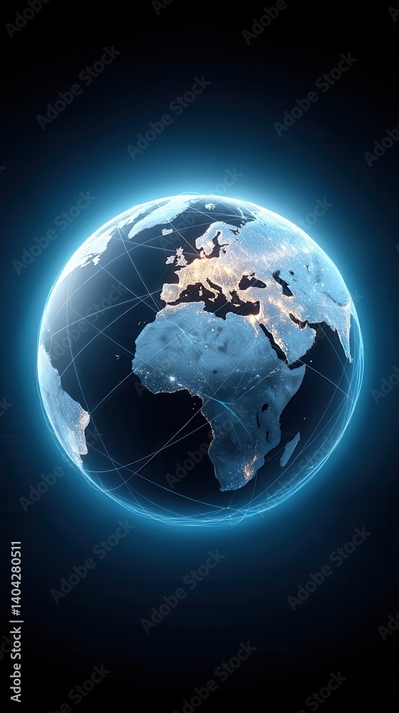 Obraz premium A glowing representation of Earth, showcasing continents and interconnected lines, symbolizing global connectivity and technology.