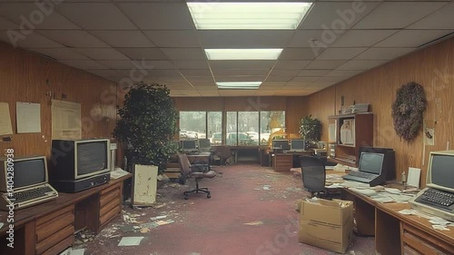Abandoned office space with cluttered desks, old computers, and overgrown plants in a dimly lit environment