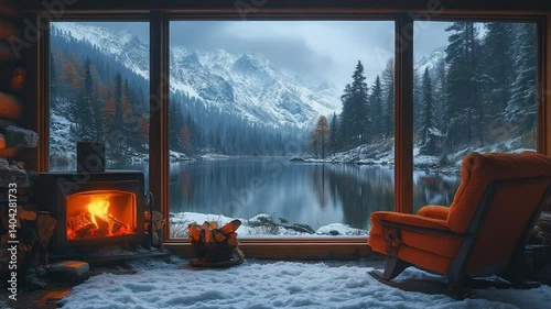 Cozy cabin interior with a fireplace overlooking a snowy mountain lake scene