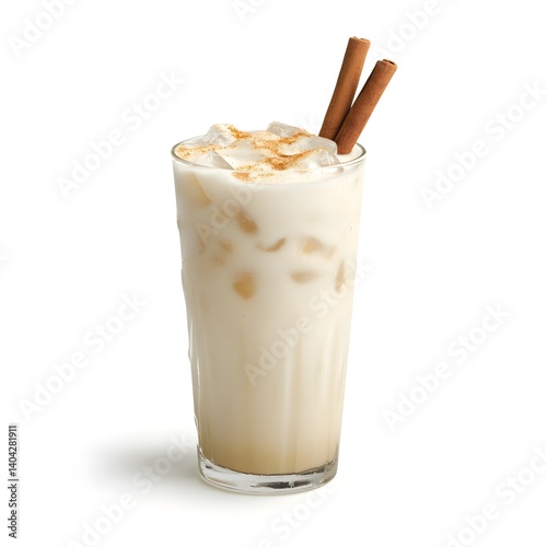 A refreshing Mexican horchata drink in a tall glass, filled with ice, with a cinnamon stick garnish, isolated on a bright white background.