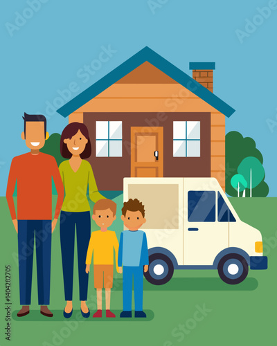A family standing in front of a foreclosed home with their belongings packed in a moving van representing the devastating effects of an economic downturn on individuals and. Vector illustration