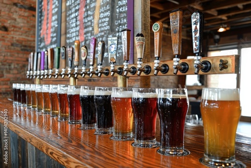 A close-up of beer taps in a craft brewery with glasses lined up beneath them