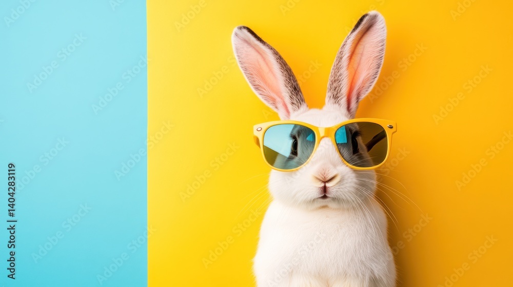 adorable white rabbit wearing yellow sunglasses against a vibrant two-tone background embodying springtime whimsy and playful animal portraiture suitable for festive occasions adorable white rabbit wearing yellow sunglasses against a vibrant two-tone background embodying springtime whimsy and playful animal portraiture suitable for festive occasions