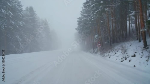 Snowstorm on country road during winter day with limited visibility