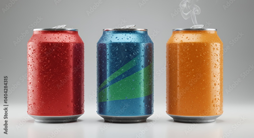 Three Condensation-Covered Soda Cans in Red, Blue, and Orange on Gray Background Three Condensation-Covered Soda Cans in Red, Blue, and Orange on Gray Background