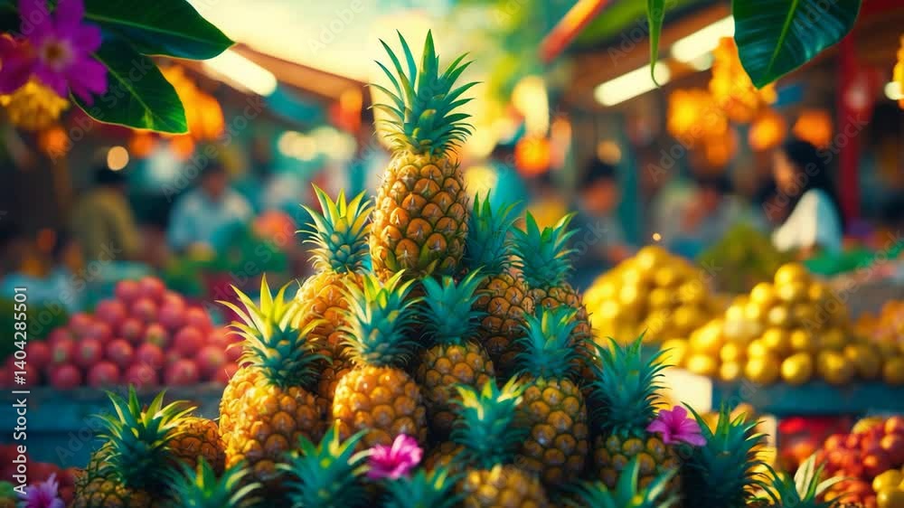 A stack of pineapples at a market stand