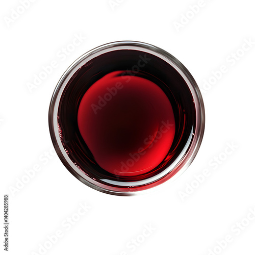 Glass of red wine, high contrast, top-down view, isolated on white background