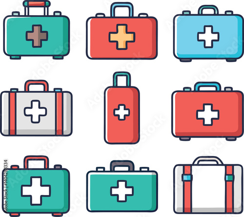First Aid Kits Assortment: An assortment of first aid kits is thoughtfully arranged, offering a visual representation of readiness, care, and life-saving preparation. A set of colorful.