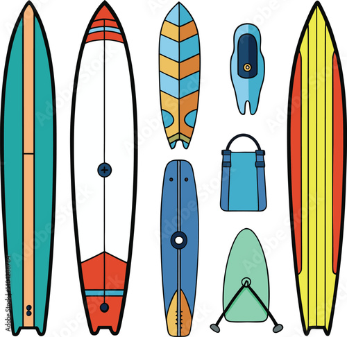 Surfboards Variety Illustration: A vibrant and colorful illustration of multiple surfboards, each with unique designs, ready to catch waves and embrace the surfer spirit.