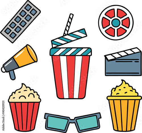 Movie Night Essentials: A delightful assortment of cinema-themed icons, perfectly capturing the joy of a movie night, with popcorn and 3d glasses.
