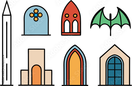 Architectural Icons: This art piece presents a diverse assortment of intricately designed architectural icons, including a slender spire, an adorned arch, a gothic window.
