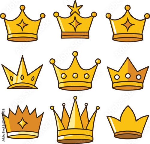 Royalty Symbols in Display: A collection of golden crowns, each uniquely designed, representing power, leadership, and regal elegance, displayed in a visually appealing manner.