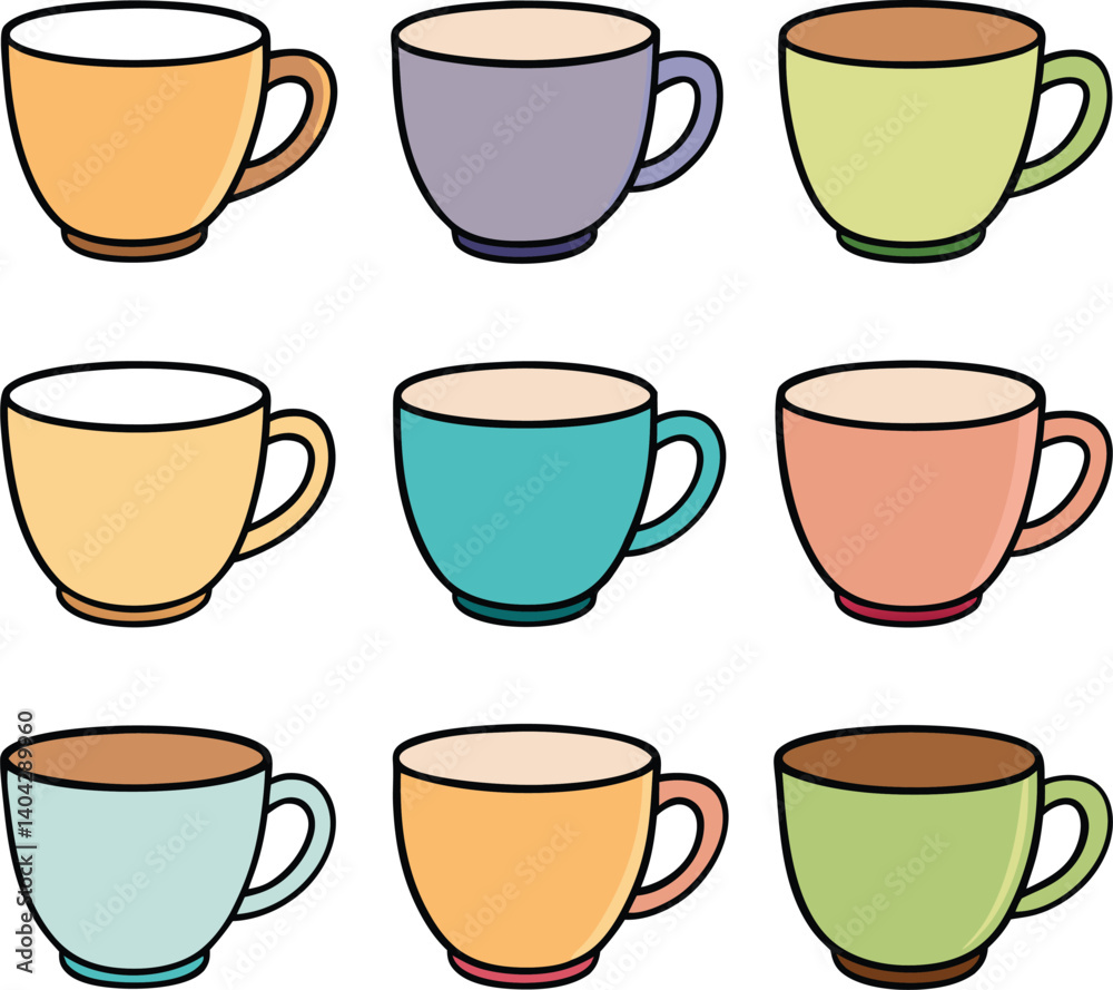 Colorful Teacups Collection: A delightful collection of nine teacups in various pastel colors, perfect for adding a touch of whimsy to any design project. Colorful Teacups Collection: A delightful collection of nine teacups in various pastel colors, perfect for adding a touch of whimsy to any design project.