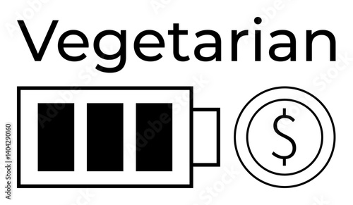 Battery with charging bars alongside coin denoting cost efficiency under Vegetarian text. Ideal for sustainability, energy, eco-living, affordability, nutrition, minimalism, green choices. Flat