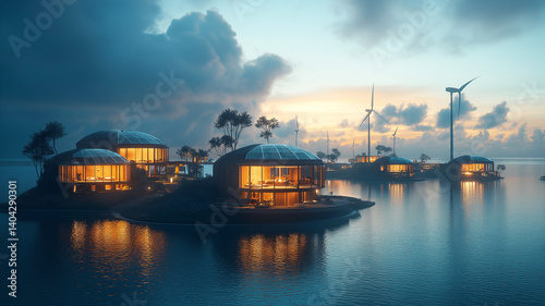 Tropical island resort with solar-panelled cabanas and distant wind turbines powering a green paradise photo
