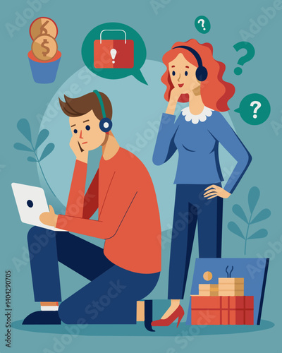 A couple in debt from overspending during the holiday season call the hotline for guidance on financial management during the economic crisis.. Vector illustration