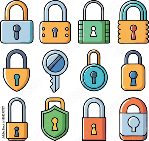 Padlock Icon Set: A vibrant collection of padlock and key icons, representing security, privacy, and protection. Perfect for websites, apps, and presentations.