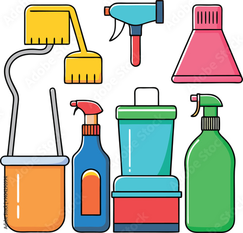 Cleaning Supplies Icons: A vibrant collection of cleaning supply icons, including spray bottles, a dustpan and brush, a trash can, and a cleaning spray. Perfect for websites, apps.