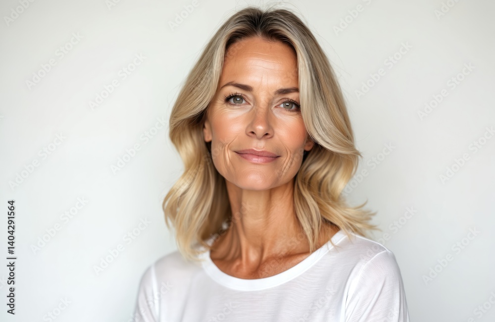 Attractive mature woman looks directly at camera. Middle age beauty portrait of blonde female with elegant, healthy skin. Happy, confident, natural look. Healthy lifestyle and anti-aging concept. Attractive mature woman looks directly at camera. Middle age beauty portrait of blonde female with elegant, healthy skin. Happy, confident, natural look. Healthy lifestyle and anti-aging concept.
