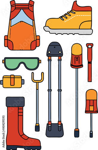 Adventure Gear Collection: A collection of illustrated gear, embodying the spirit of outdoor exploration, perfect for designs and related themes.