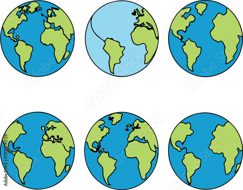 Global Perspectives: An artistic display presents six stylized globes from different angles, providing a visually compelling view of the Earth, evoking exploration, diversity.