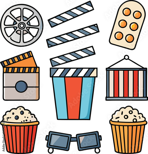 Movie Icons Collection: A vibrant collection of movie-themed icons, including popcorn buckets, 3D glasses, film reels, clapperboard, and tickets. Perfect for movie night or cinema-related projects.
