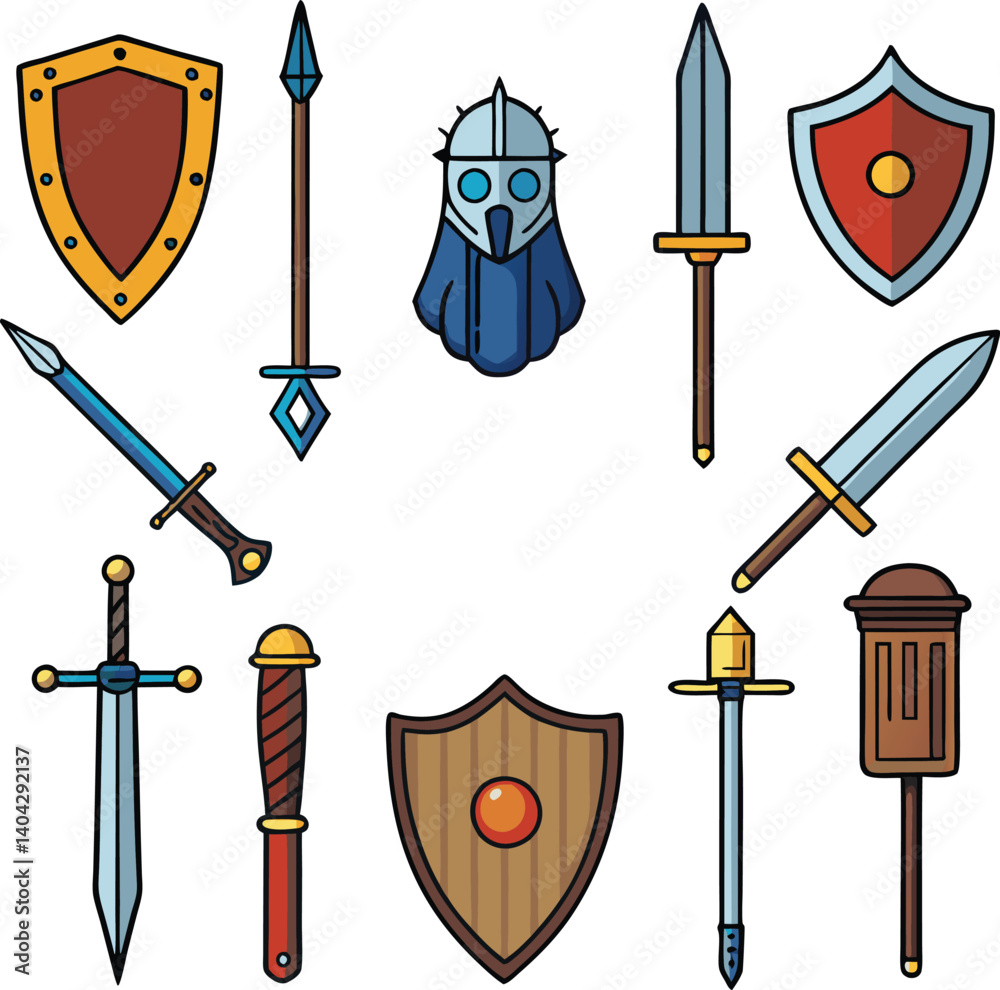 Medieval Arsenal of Protection and Power: A graphic depiction of diverse medieval armaments and defensive equipment, perfect for illustrating battles and strategic elements of the era.
