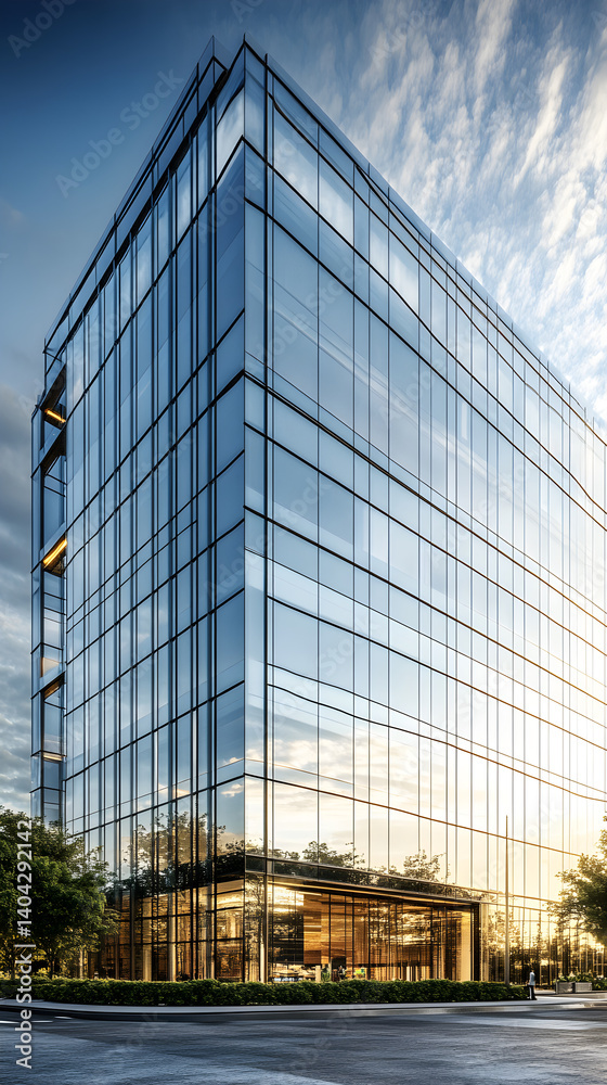 Fototapeta premium Futuristic Glass Masterpiece: Dynamic Reflections and Urban Elegance