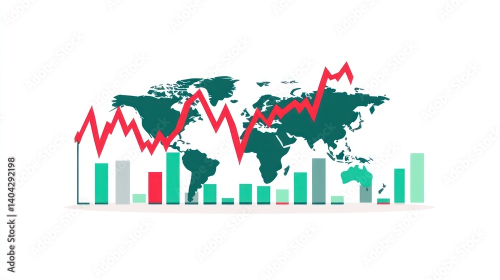 Global economic downturn chart; red line decline world map bars Global economic downturn chart; red line decline world map bars