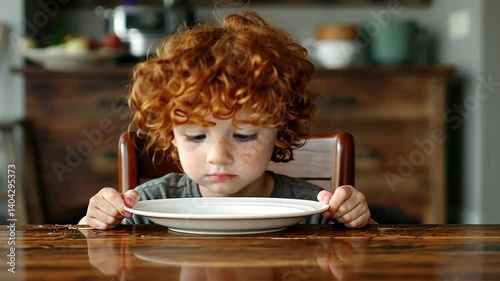 Adorable Redheaded Child with Freckles Holding Empty Plate, Waiting for Food in Rustic Kitchen Setting with Warm Lighting, Childhood Innocence, Homey Modern Atmosphere