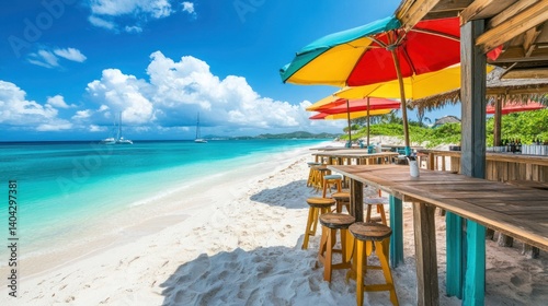 Inviting beachfront bar scene with turquoise water and sailing yachts