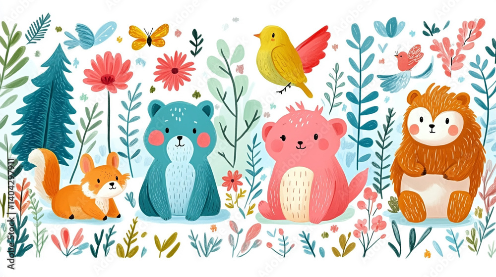 Naklejka premium Adorable Forest Friends: A delightful cartoon illustration featuring a collection of charming forest creatures surrounded by a vibrant array of flowers and foliage.