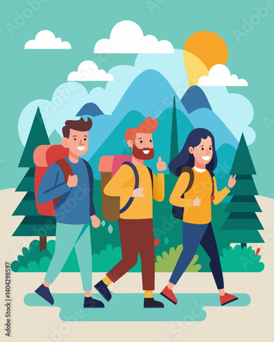 A group of friends go on a hiking trip opting for a free and scenic activity instead of spending money on expensive entertainment options.. Vector illustration