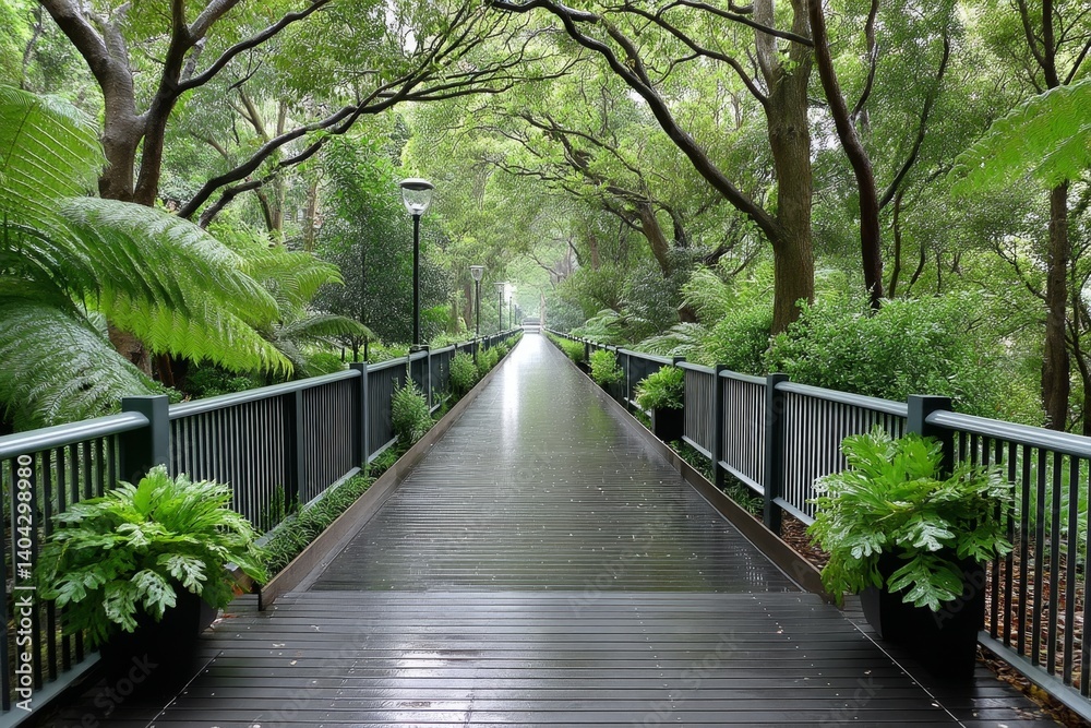 Fototapeta premium A natural park boardwalk with diverse birdlife and plant species