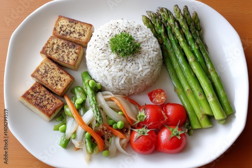 A plant-based clean dinner featuring tofu, wild rice, and stir-fried veggies